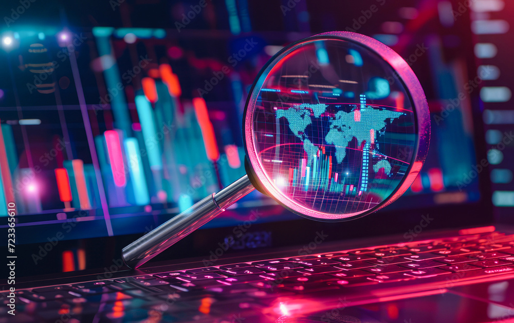 Poster corporate laptop analysis charts fill the screen, while software for detecting viruses, phishing mal