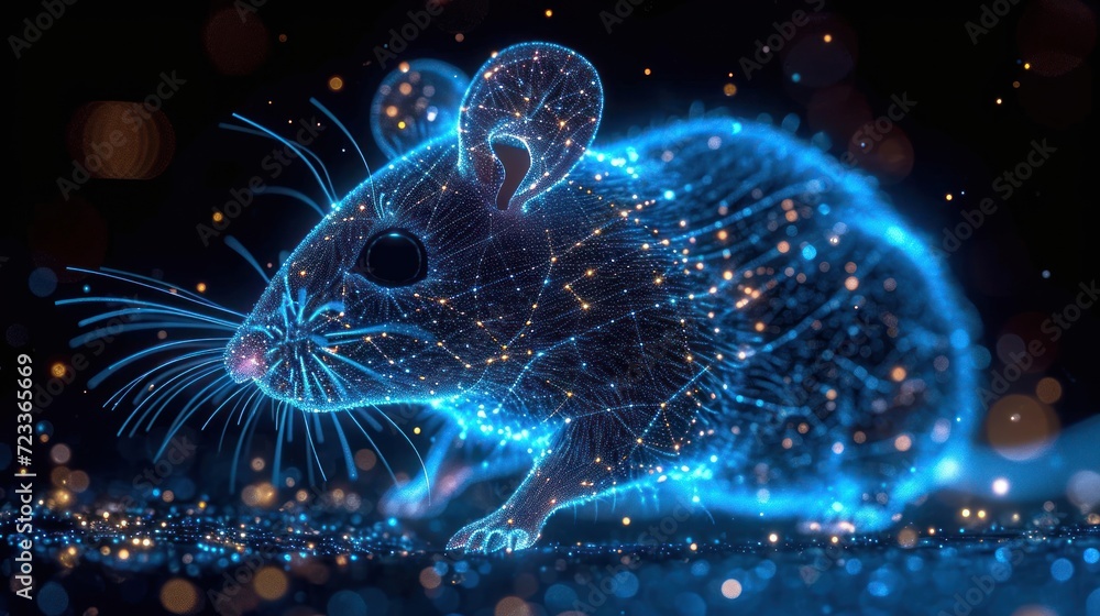 Poster  a computer generated image of a rat on a black background with blue and yellow lights and a blurry image of a rat in the middle of it's body.