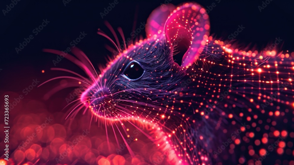 Poster  a close up of a mouse on a black background with red and pink lights and a blurry image of a mouse's head in the center of the image.
