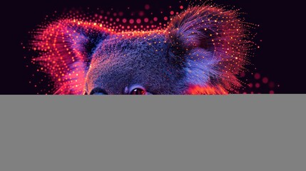  a close up of a koala's face on a black background with red and blue lights coming out of the back of the koala's face.