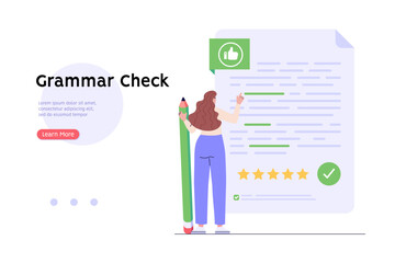 Editing document with text. Correcting grammar mistake with red marker. Teacher fix page text errors. Concept of proofread script, grammar edit, correcting mistake. Vector flat cartoon illustration