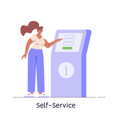Using self-service with info. Users touch screen self service terminal. Concept of informational checkout service, info panel. People pushing on interactive information terminal. Vector illustration