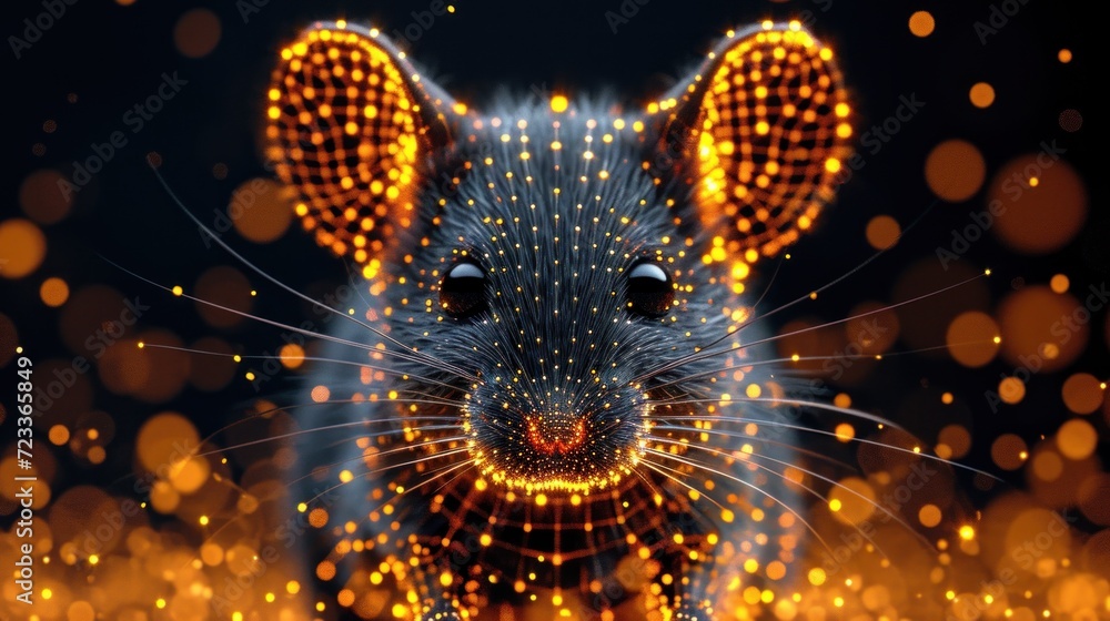Aufkleber a close up of a mouse on a black background with yellow and orange lights in the shape of a mouse an