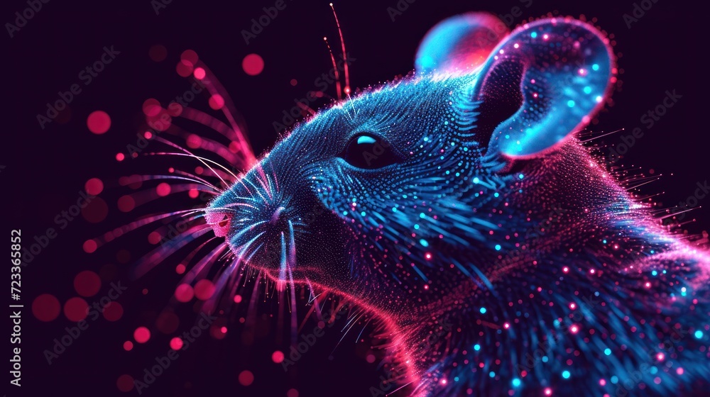 Poster a computer generated image of a mouse's face with bright blue and pink lights on it's face and a bla