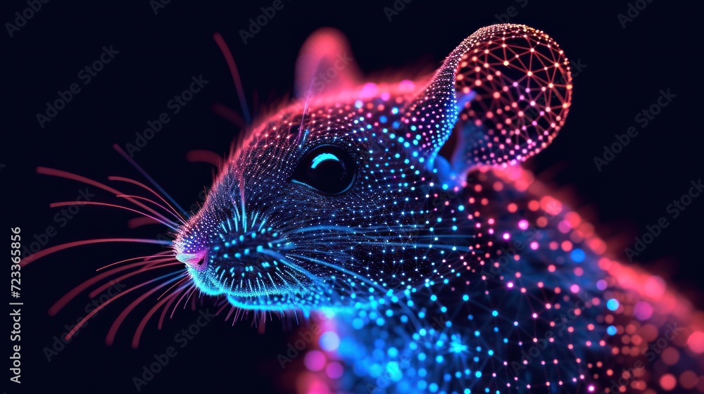 Poster  a close up of a mouse with a lot of dots on it's face and a blurry image of a mouse's head in the middle of the image.