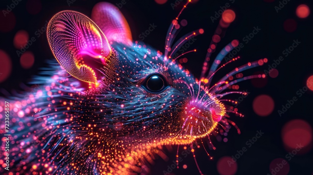 Poster  a close up of a small animal with a lot of lights on it's face and a blurry background of circles in the shape of a mouse's tail.
