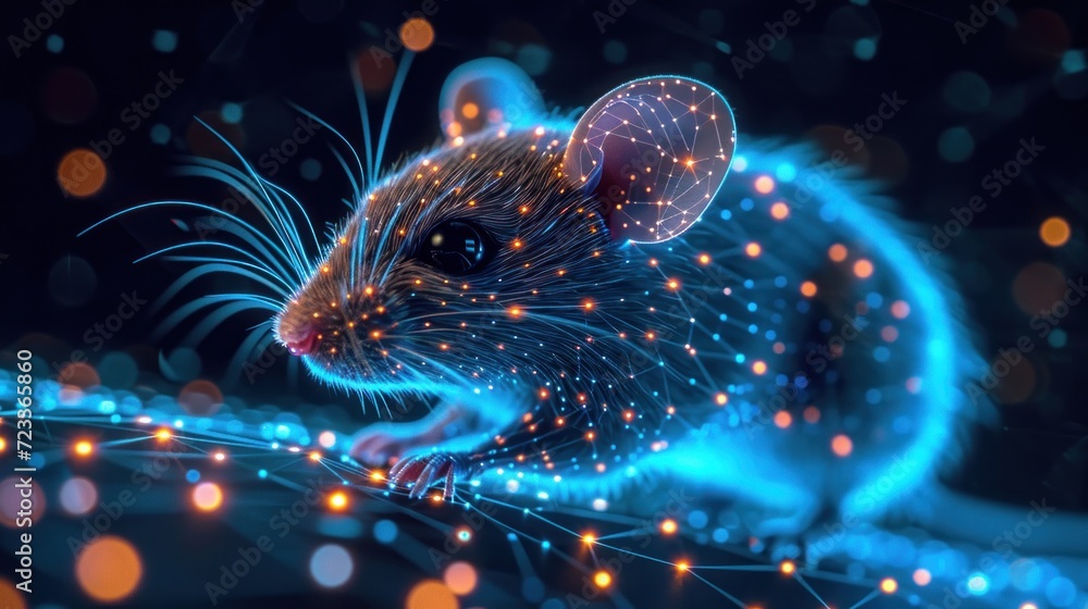 Poster a computer generated image of a mouse on a dark background with bright lights and a blurry image of 