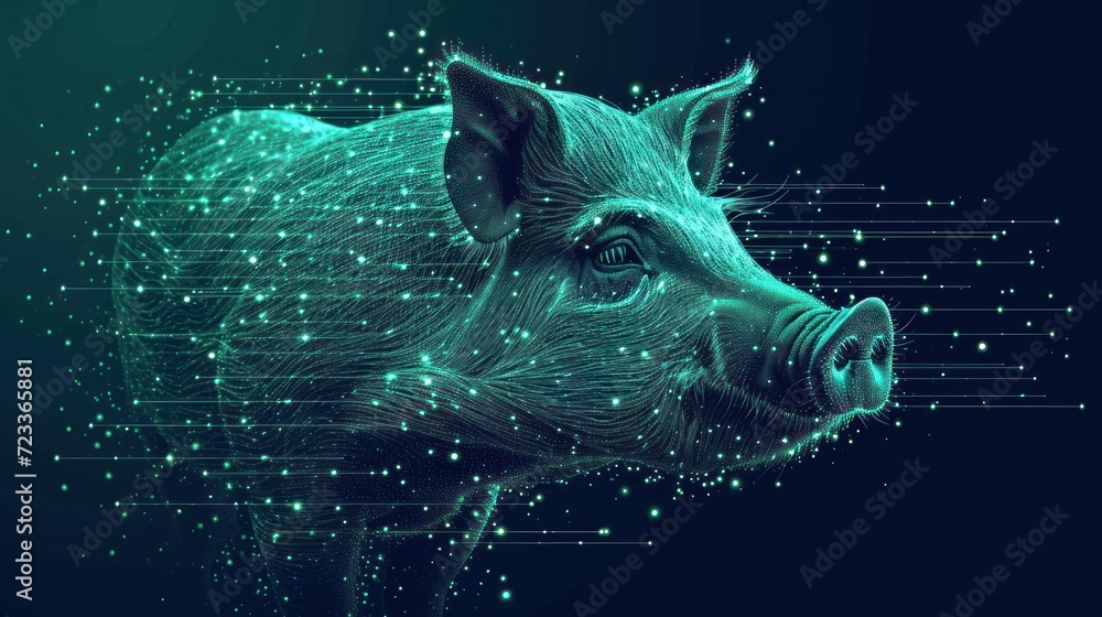 Poster a picture of a pig's face with lines and dots in the shape of the pig's head on a dark background of