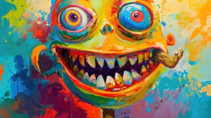 Funny monster face with big eyes. Colorful painted background