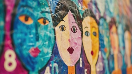 Fototapeta premium Colorful painted wooden wall with funny faces