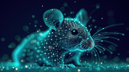  a computer generated image of a mouse on a dark blue background with small dots of light coming out of the mouse's body and the mouse's head.