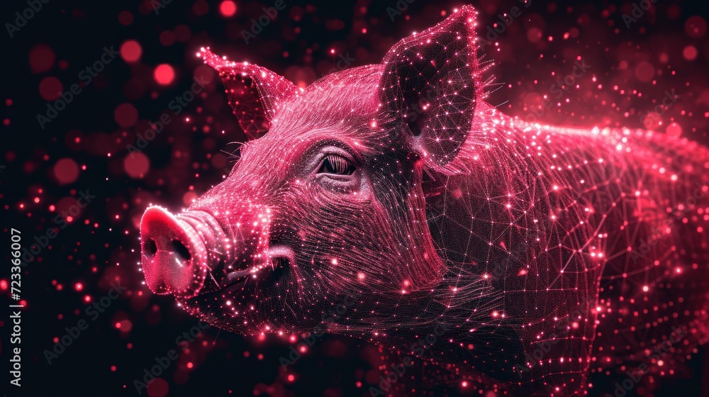 Poster a close up of a pig's face on a black background with a network of stars and dots in the shape of a 