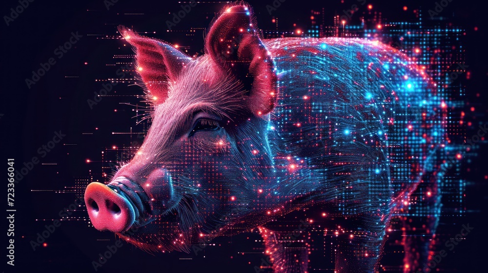 Poster a close up of a pig's face with a lot of lines and dots in the shape of the pig's head and the pig's