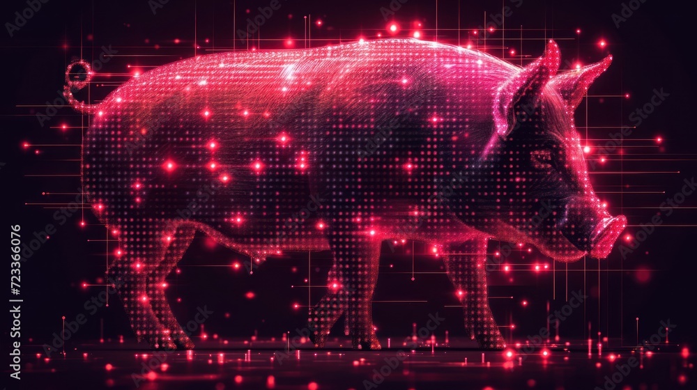 Poster a pink pig standing in front of a black background with red and white dots on it's side and a black 