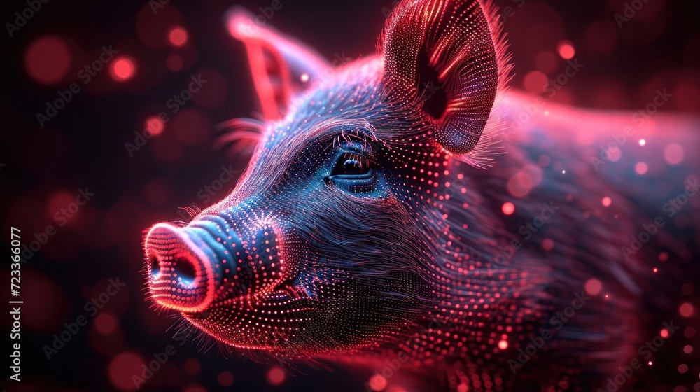 Poster a close up of a pig's face on a black background with a red and blue dot pattern on the pig's side o