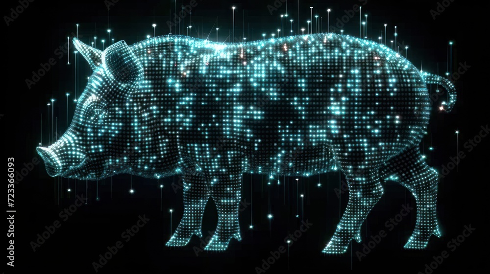 Poster a digital pig standing in front of a black background with blue and white dots on it's body and a bl