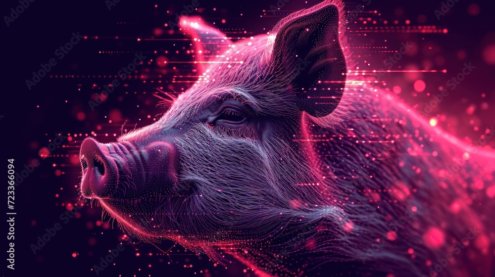 Poster a close up of a pig's face on a black background with pink and red lines and dots in the shape of a 