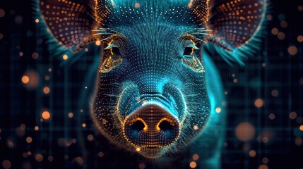  a close up of a pig's face with a lot of dots on it's face and in the background it's image is blue and orange. - obrazy, fototapety, plakaty