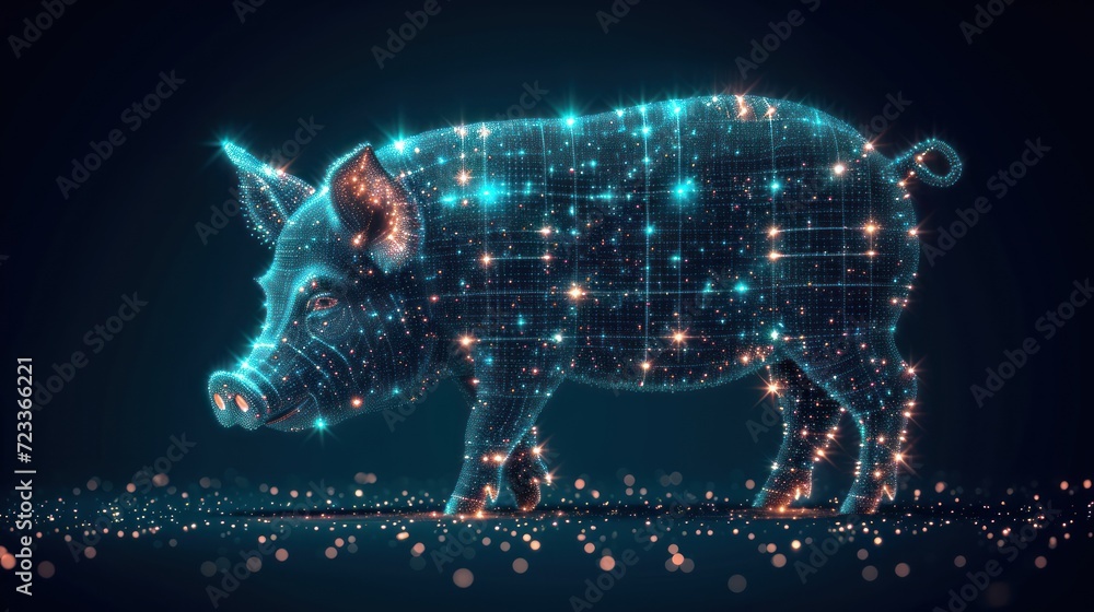 Poster a pig that is standing in the middle of the night with a lot of lights on it's back and a lot of sta