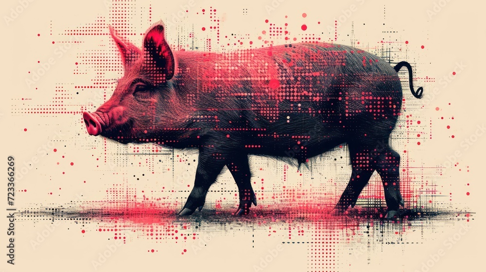 Poster a painting of a pig with a red spot in the middle of it's body and it's head in the center of the pi