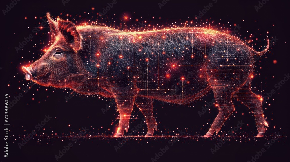 Poster a cow standing in front of a black background with a lot of small red dots on it's side and a line o