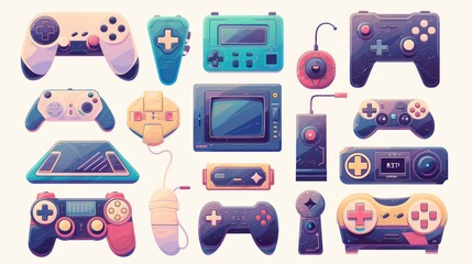 Game consoles. Vintage retro gadgets for kids pleasure relax time gaming stuff recent vector stylized pictures set of gadget for gaming entertainment, control gamepad illustration - obrazy, fototapety, plakaty