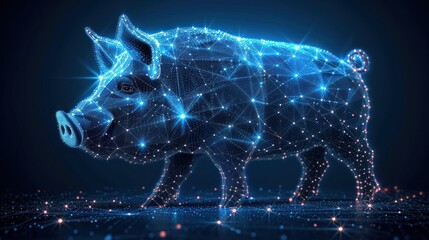  a pig that is standing in the middle of a dark room with a lot of lights on it's sides and a blue background that has a lot of stars.