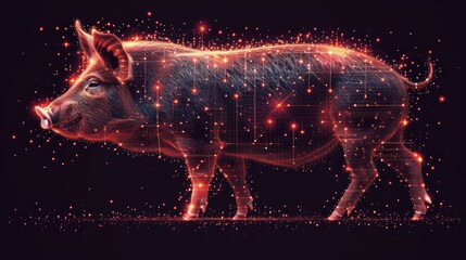  a cow standing in front of a black background with a lot of small red dots on it's side and a line of smaller red dots on the back of it's side.