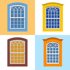 Colored windows in Paraty, Brazil. Models of four windows of colonial period houses in the historic center. Realistic vector illustration.