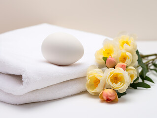 a white egg on a white towel next to flowers
