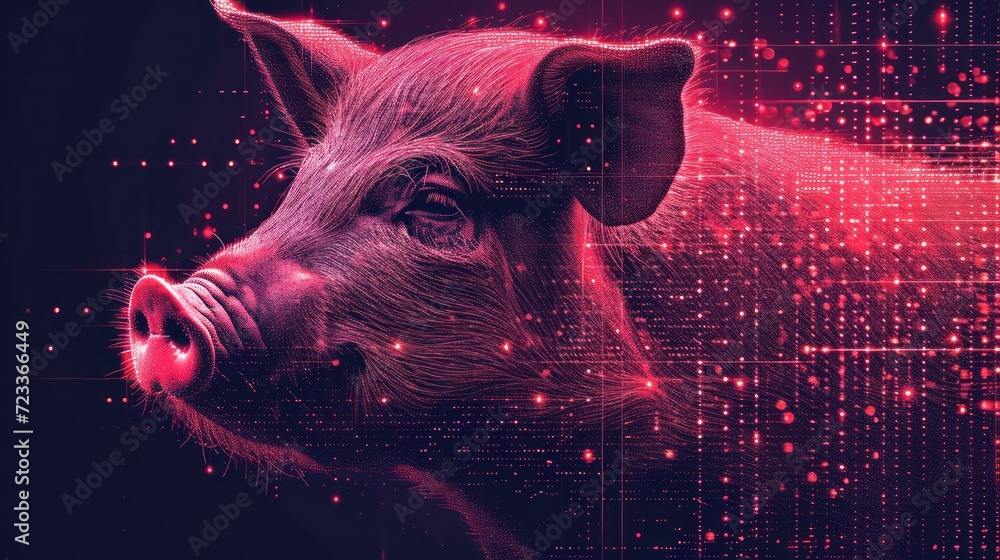 Poster a close up of a pig's face in front of a background of red and pink dots and lines of light that are