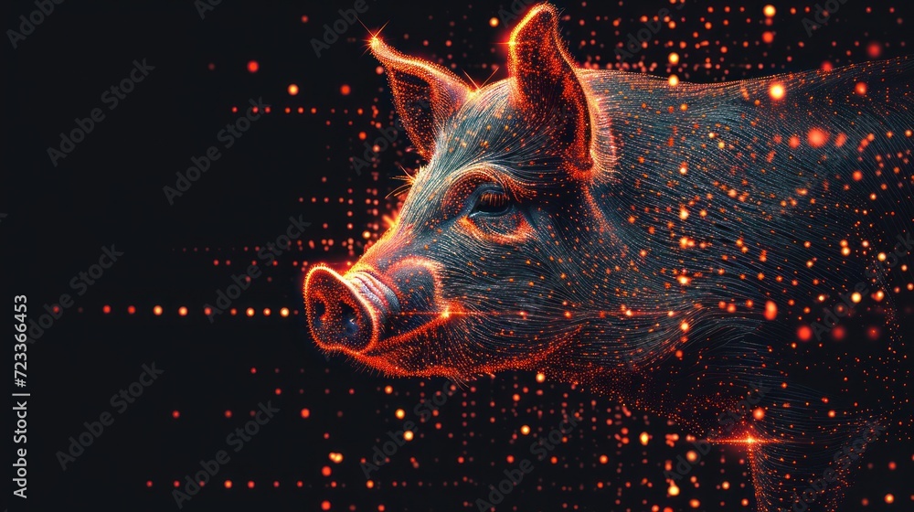 Poster a close up of a pig's face on a black background with red and orange dots around it and a black back