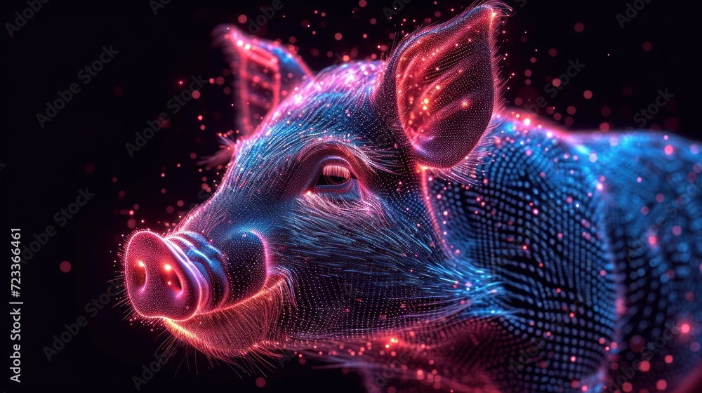 Aufkleber a close up of a pig's face on a black background with red and blue lines and dots in the shape of a 