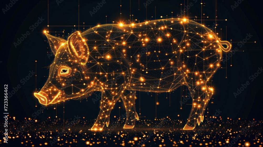 Poster a golden pig standing in the middle of a dark room with a lot of lights on it's face and a string of