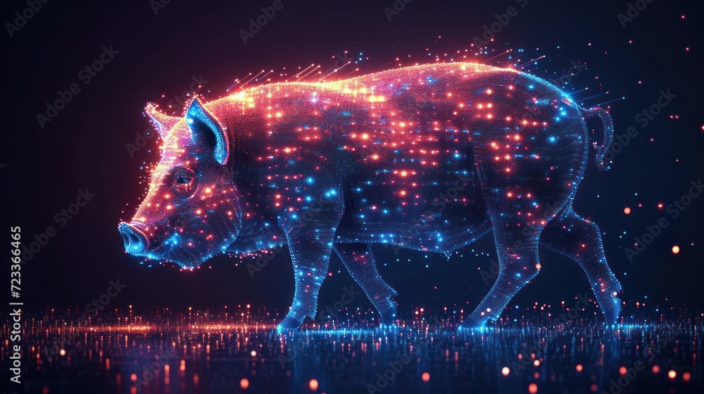 Poster a pig that is standing in the middle of a floor with a lot of dots on it's body and a lot of lights 