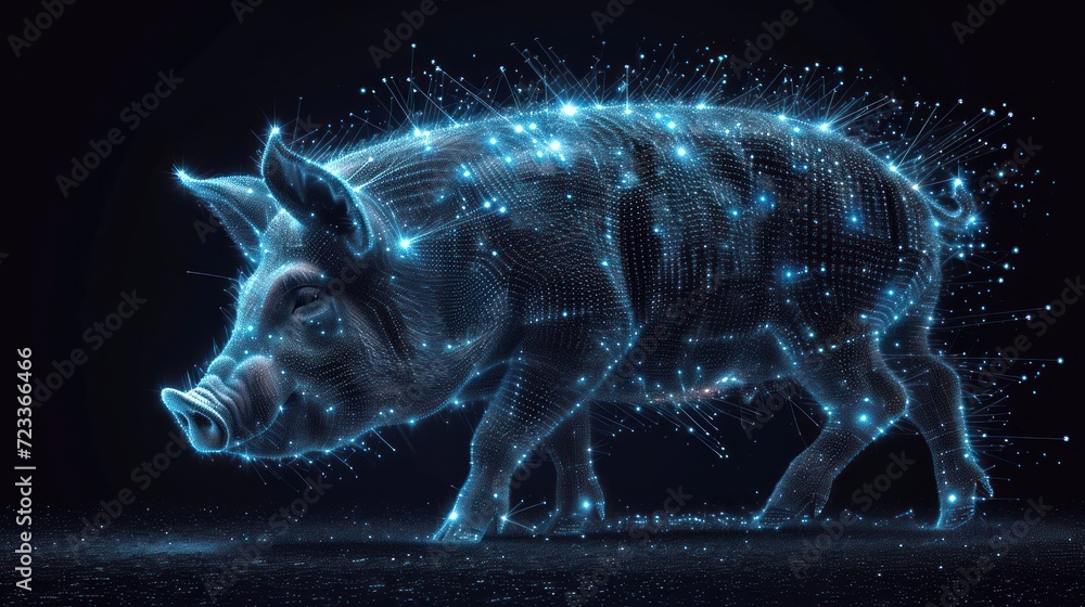 Poster a computer generated image of a rhinoceros standing in the middle of a dark room with stars and line