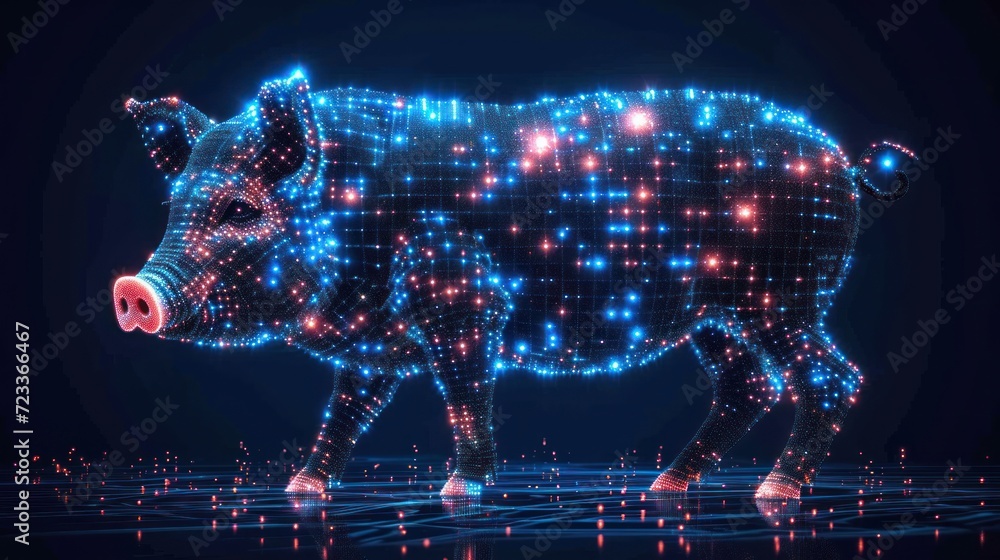 Poster a pig that is standing in the middle of a floor with a lot of dots on it's body and a lot of lights 