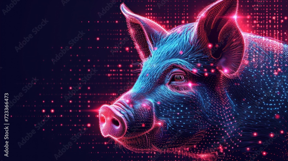 Aufkleber a close up of a pig's face with a background of lines and dots in the shape of a hexagon grid and he