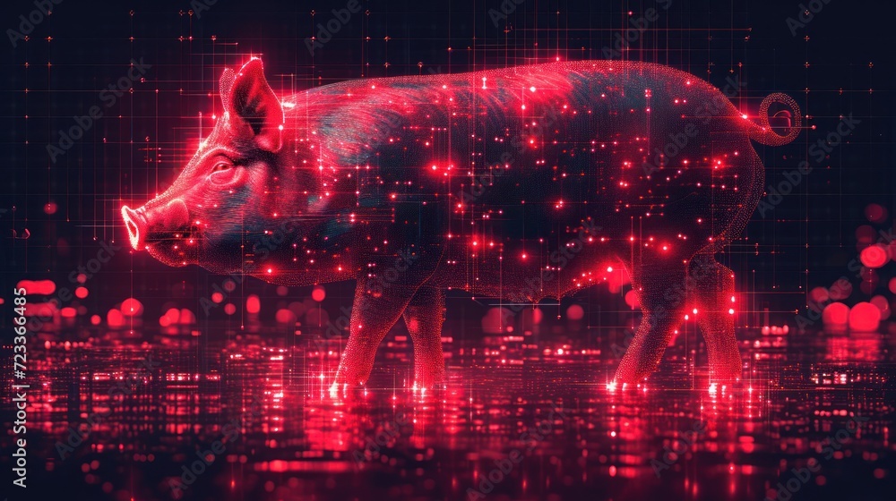 Poster a red pig standing in the middle of a body of water with red lights on it's sides and a black backgr