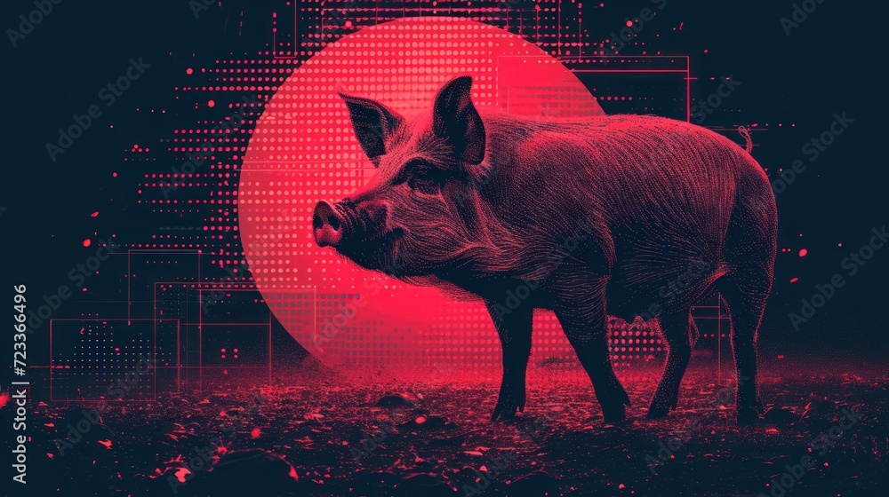 Poster a pig standing in the middle of a field with a red circle in the middle of the picture and a red cir