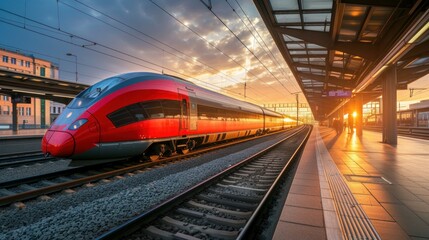 High speed train on the train station at sunset in Vienna, Austria. Beautiful red modern intercity passenger train on the railway platform, buildings. Side view. Railroad. Commercial transportation - obrazy, fototapety, plakaty