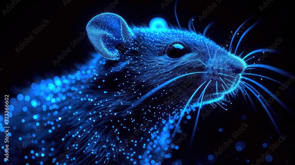 Poster a close up of a mouse with blue lights on it's face and a blurry image of a mouse's face in the midd