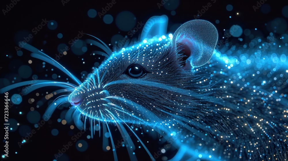 Poster a computer generated image of a rat's face with blue lights on it's face and a blurry background of 