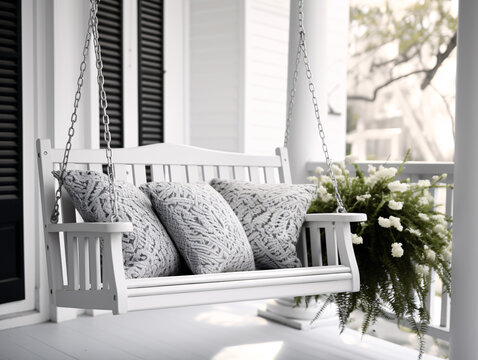 a white wooden swing with pillows on a porch