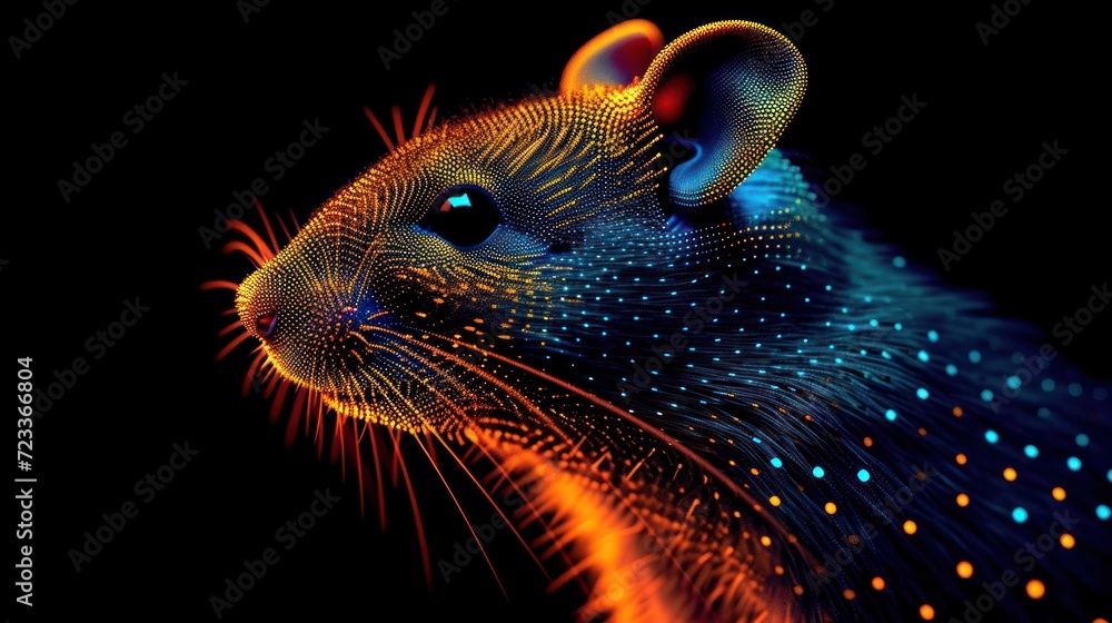Poster a close up of a mouse's face with a lot of dots on the mouse's body and the mouse's head in the midd
