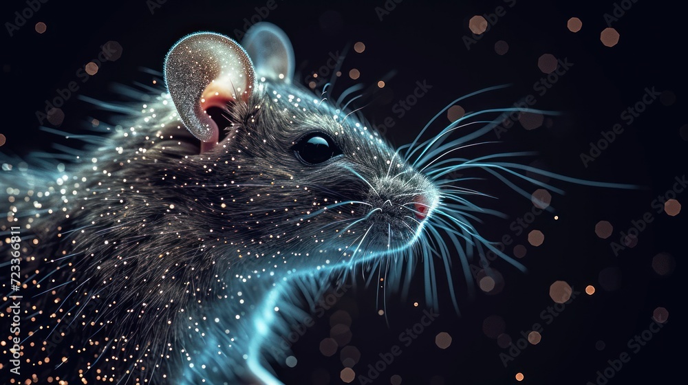 Poster a close up of a mouse's face on a black background with a lot of small white dots in the middle of t