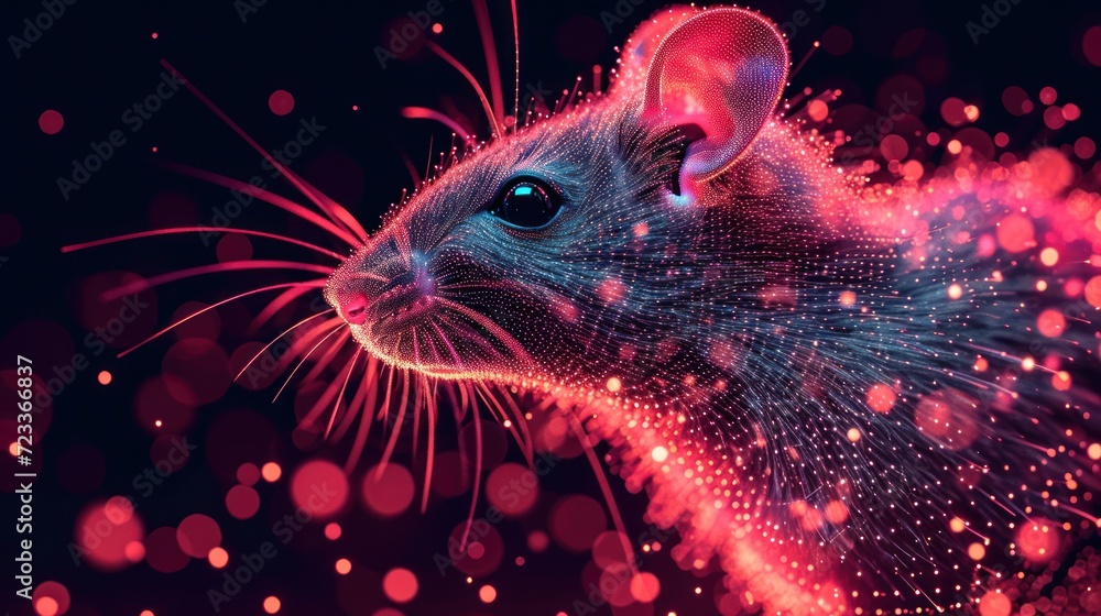 Poster  a close up of a mouse's face with a lot of blurry lights around it and a black background with red and blue circles around the mouse's head.