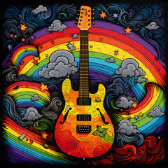 a guitar with rainbow and clouds