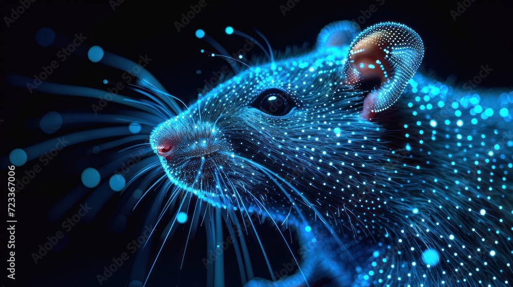 Poster a close up of a rat's face with a lot of dots on it's face and a black background with white dots on