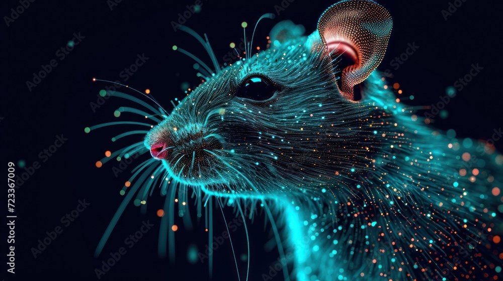 Poster a close up of a rat's face with a lot of small dots on it's face and a black background with blue an